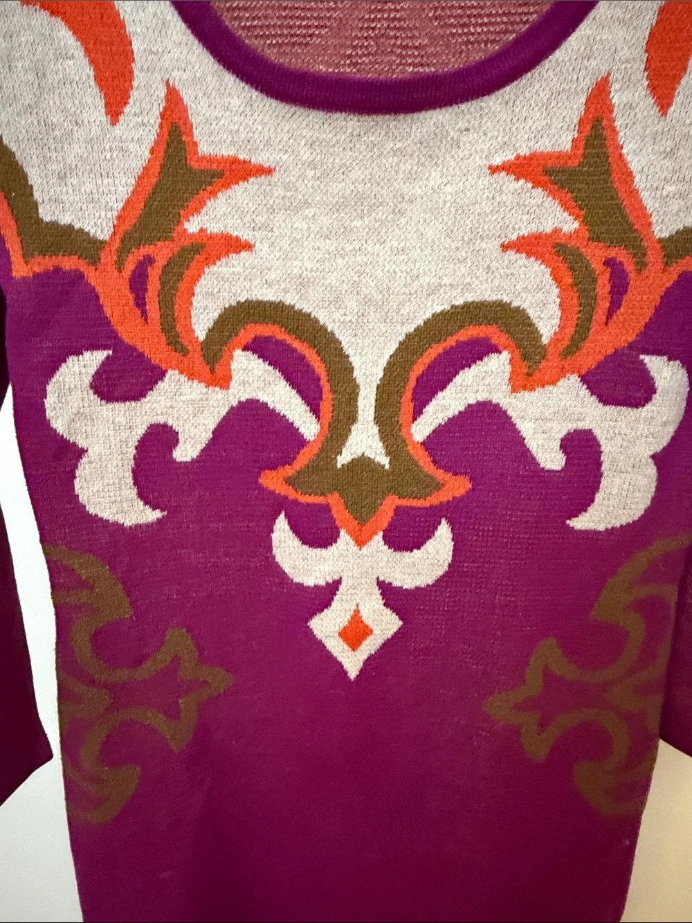 miami Purple Scoop-Neck Knit Sweater with Orange & Olive Motif
